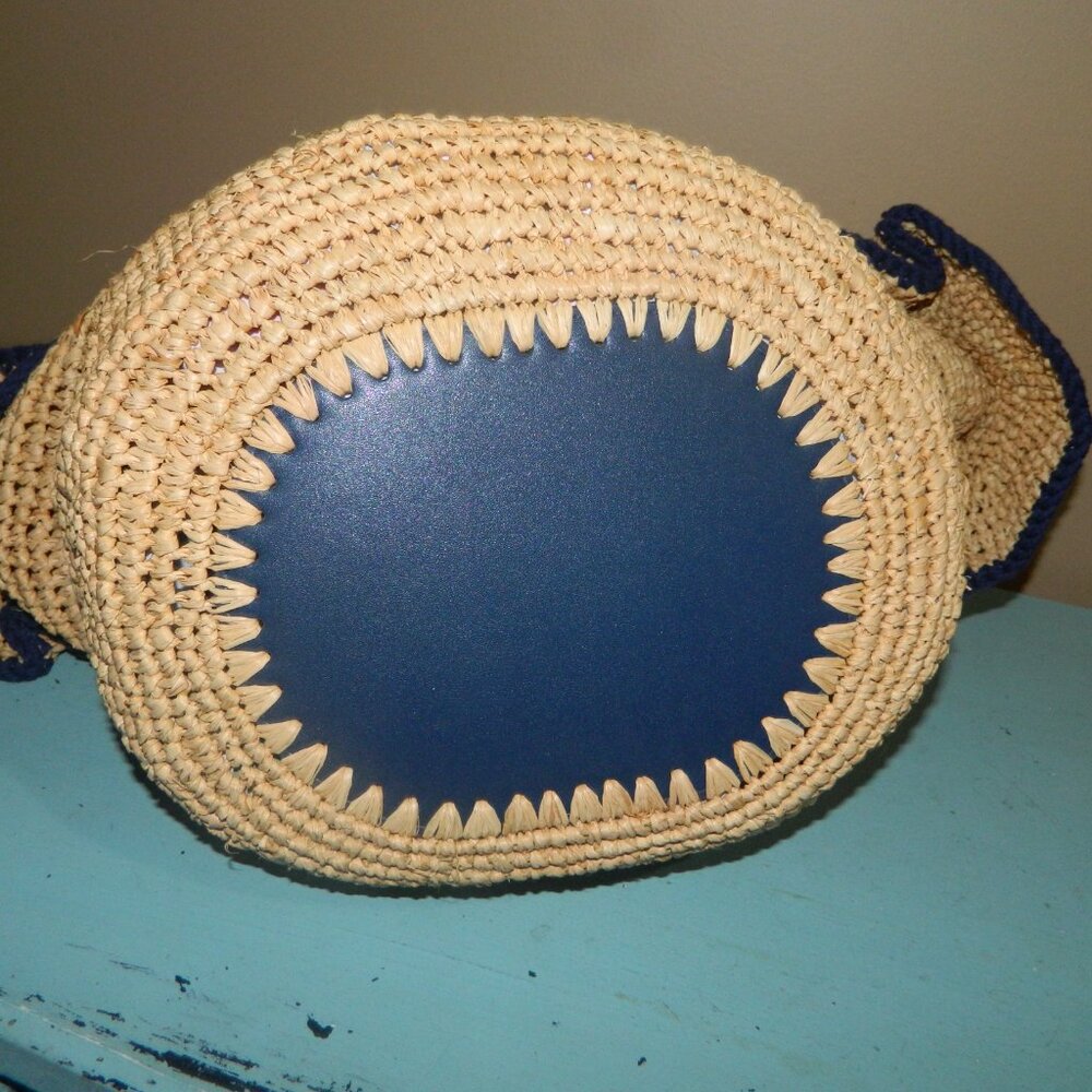 Mark & Graham Ruffle Raffia Tote Blue Trim NO MONO - Picture 3 of 4